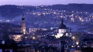 widok na Przemyśl - panoramę z wieży archikatedry, po zmroku